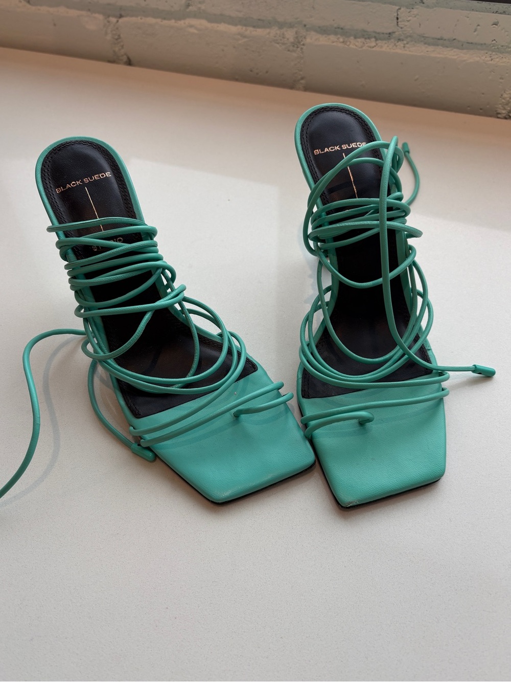 Black Suede Teal Wrap-Strap Square-Toe Heels
